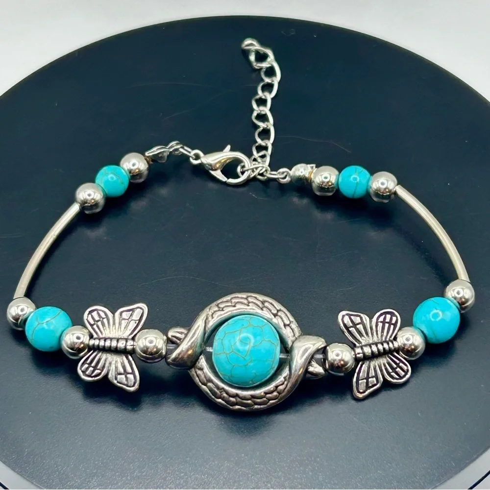 Whimsical Silver & Turquoise Butterfly Accent Bracelet